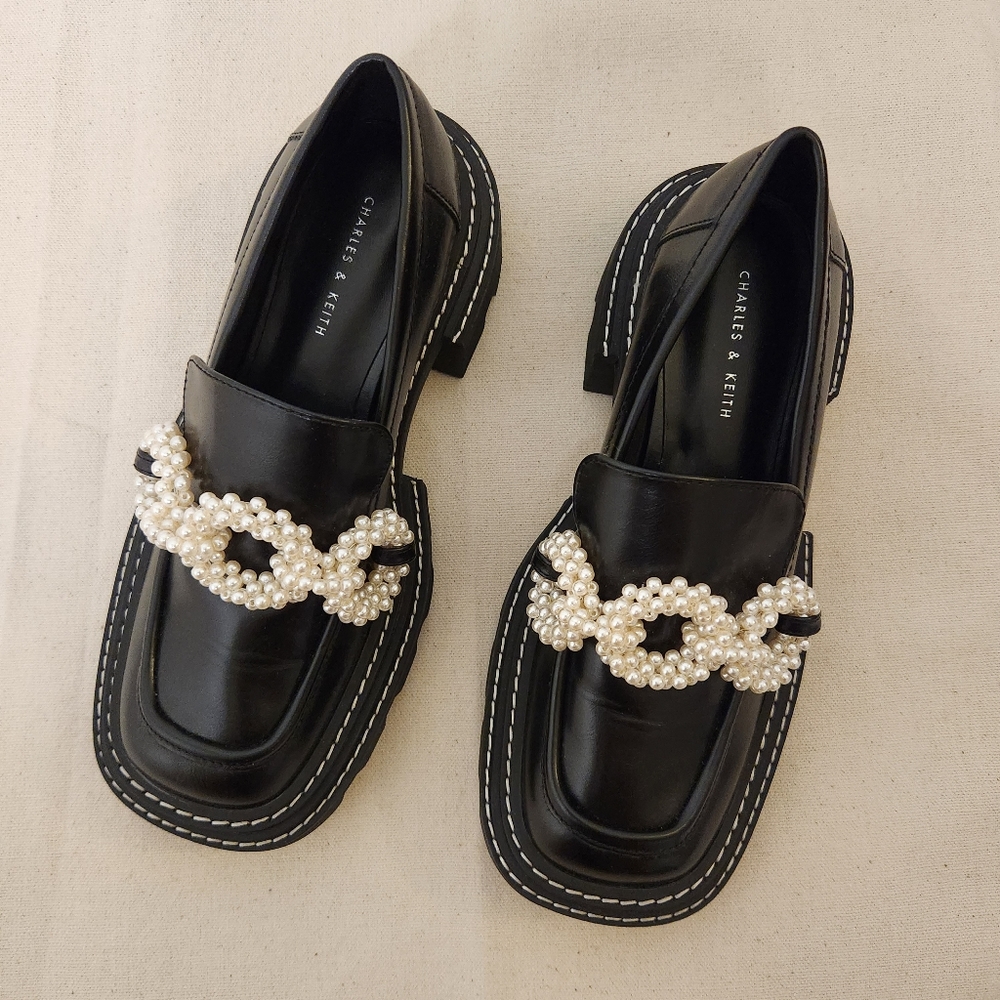 Charles & Keith, Perline Beaded Platform Loafers, Black